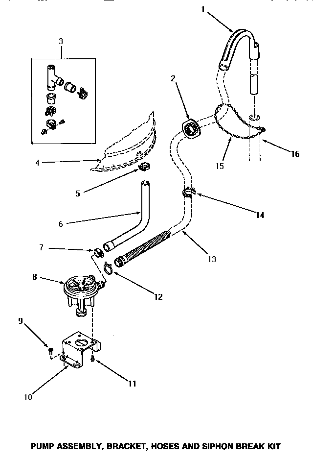 Speed Queen AA5420 pump assembly, bracket, hoses & siphon break kit diagram
