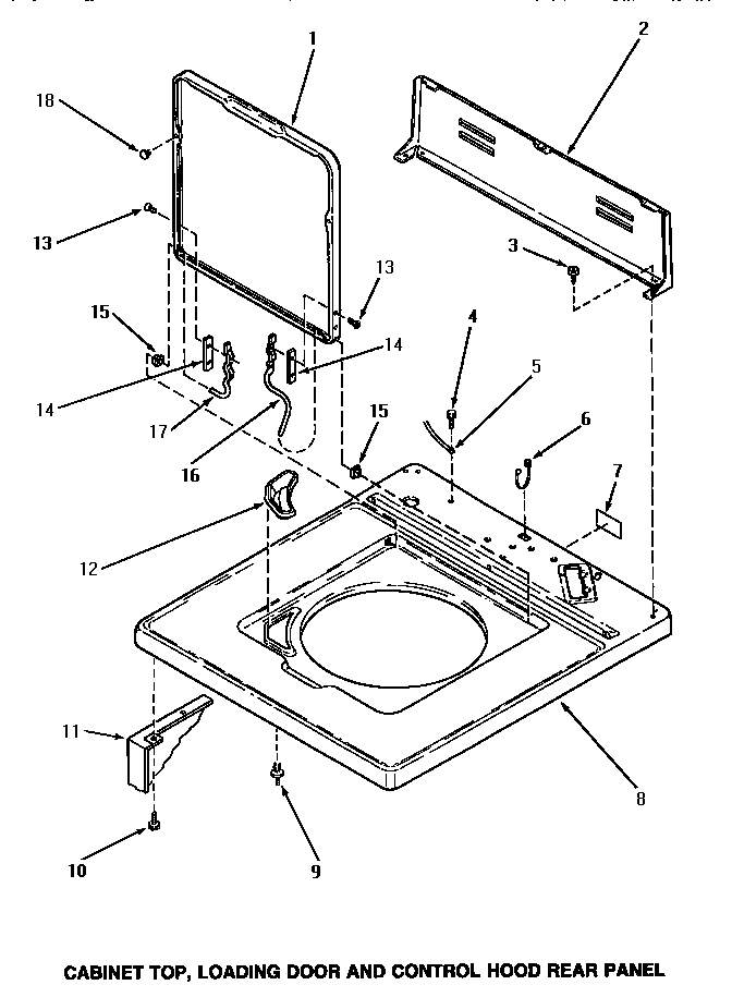 Speed Queen AA3410 cabinet top, loading door & control hood rear panel diagram