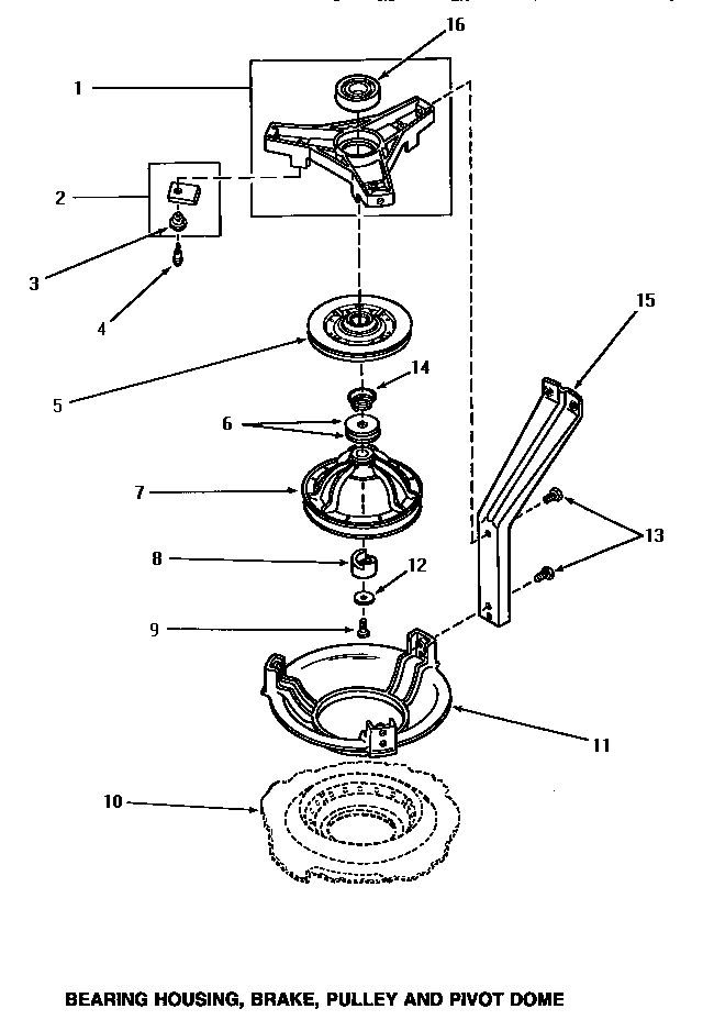 Speed Queen AA3410 bearing housing, brake, pulley & pivot dome diagram
