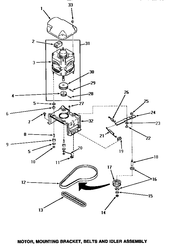 Speed Queen AA3410 motor, mounting bracket, belts & idler assembly diagram