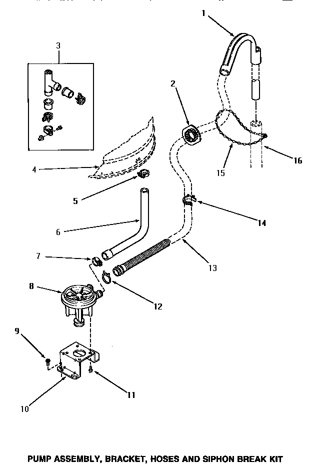 Speed Queen AA3410 pump assembly, bracket, hoses & siphon break kit diagram