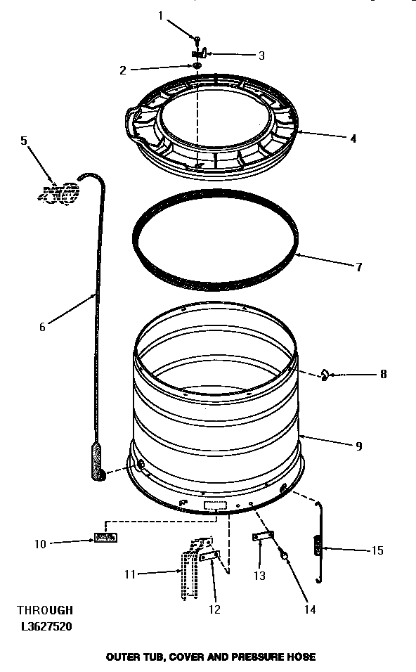 Speed Queen HA5001 outer tub, cover & pressure hose (thru serial no. l3627520) (ha3000) (ha3001) (ha4000) (ha4001) (ha4010) (ha4011) (ha4210) (ha4211) (ha4290) (ha4291) (ha4500) (ha4501) (ha4510) (ha4511) (ha4520) (ha4521) (ha4590) (ha4591) (ha5000) (ha5001) (ha5590) (ha559 diagram