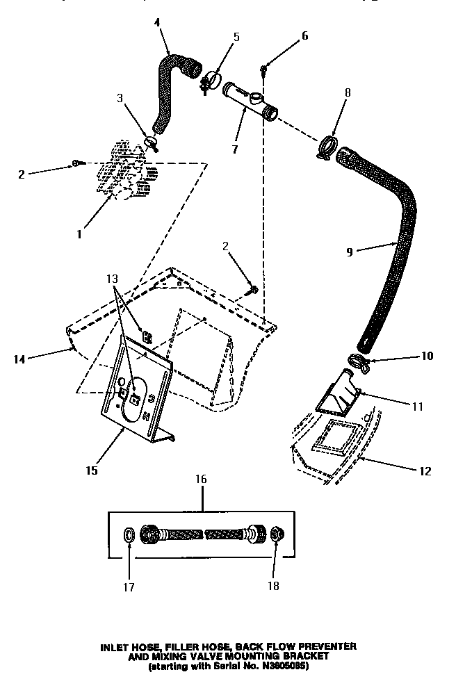 Speed Queen HA2620 inlet hose, filler hose, back flow preventer & bracket diagram