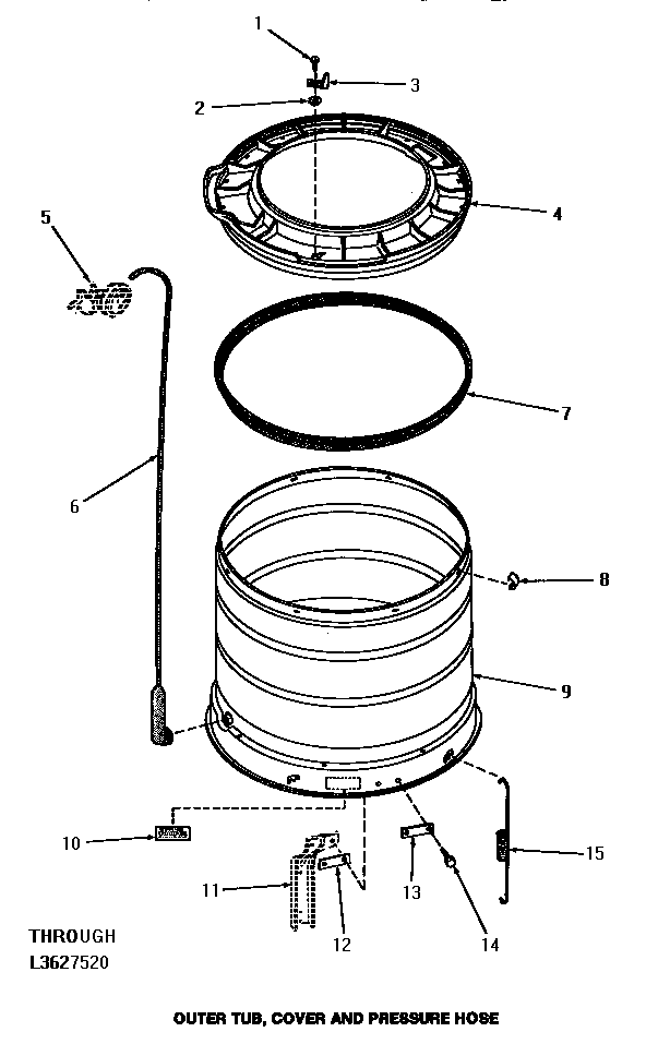 Speed Queen HA2620 outer tub, cover & pressure hose (thru serial no. l3627520) diagram