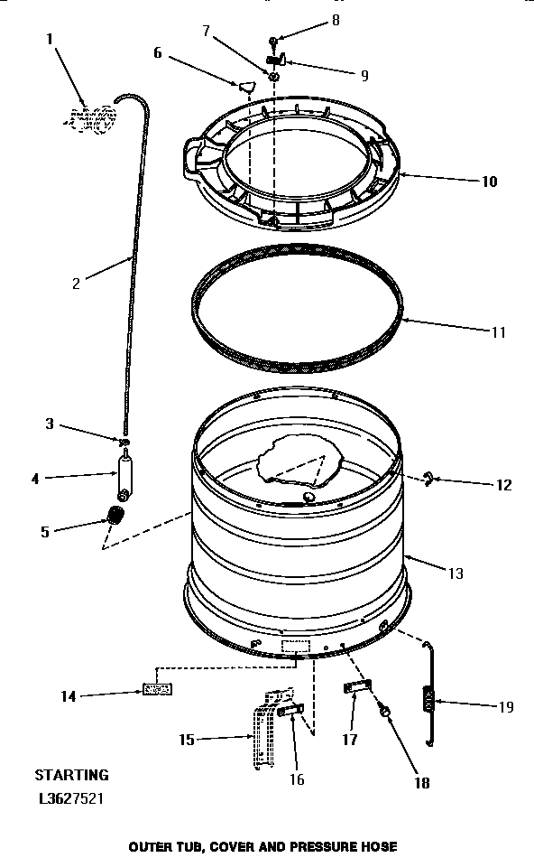 Speed Queen HA2620 outer tub, cover & pressure hose (strt. serial no. l3627521 diagram