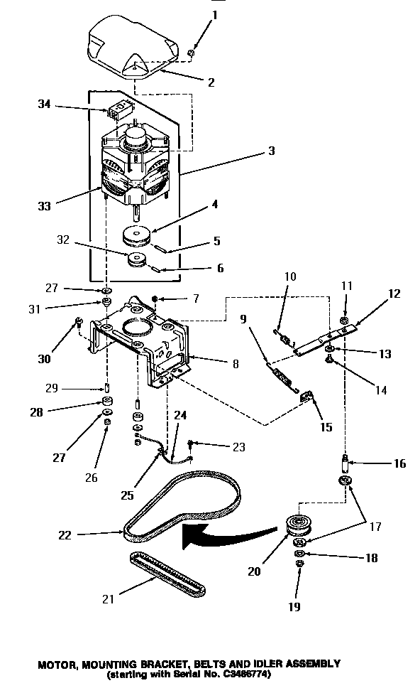 Speed Queen HA2620 motor, mounting bracket, belts & idler assembly diagram