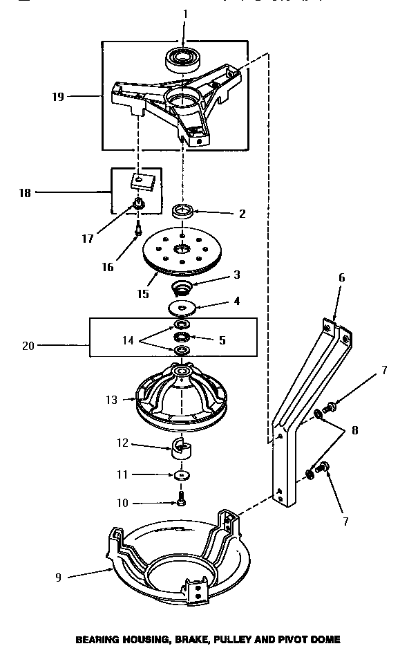 Speed Queen HA2620 bearing housing, brake, pulley & pivot dome diagram