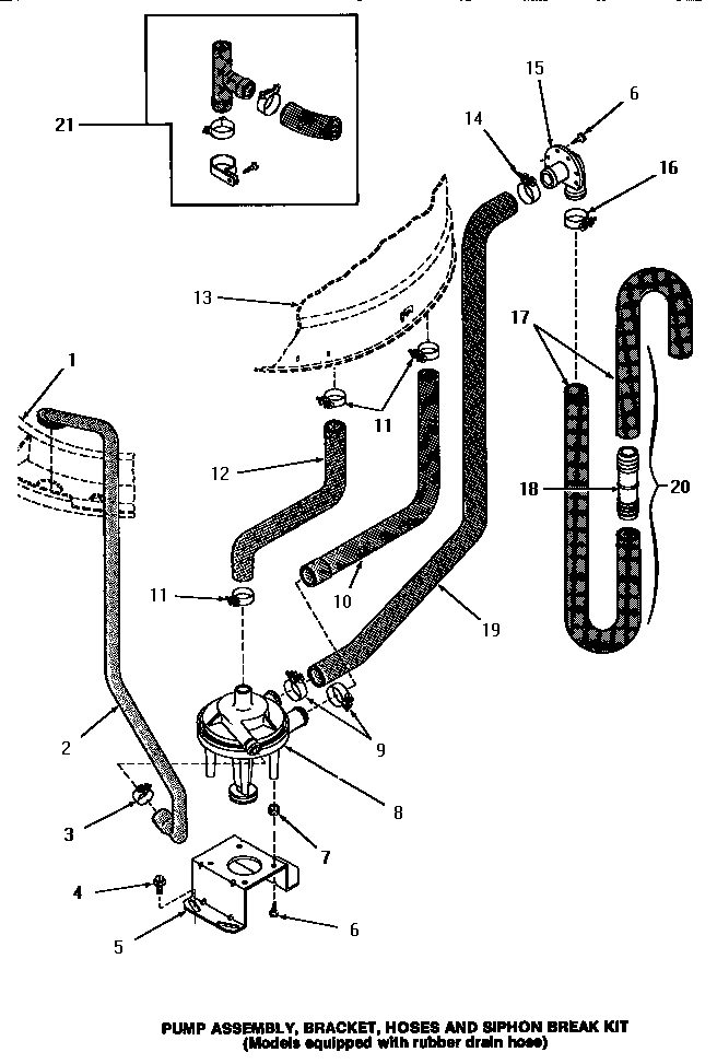 Speed Queen HA2620 pump assembly, bracket, hoses & siphon break kit diagram