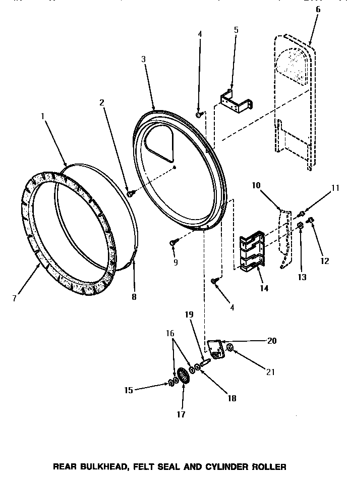 Speed Queen NE4513 rear bulkhead, felt seal & cylinder roller diagram