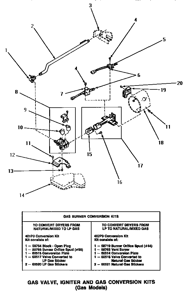 Speed Queen AG4119 gas valve, igniter & gas conversion kits diagram