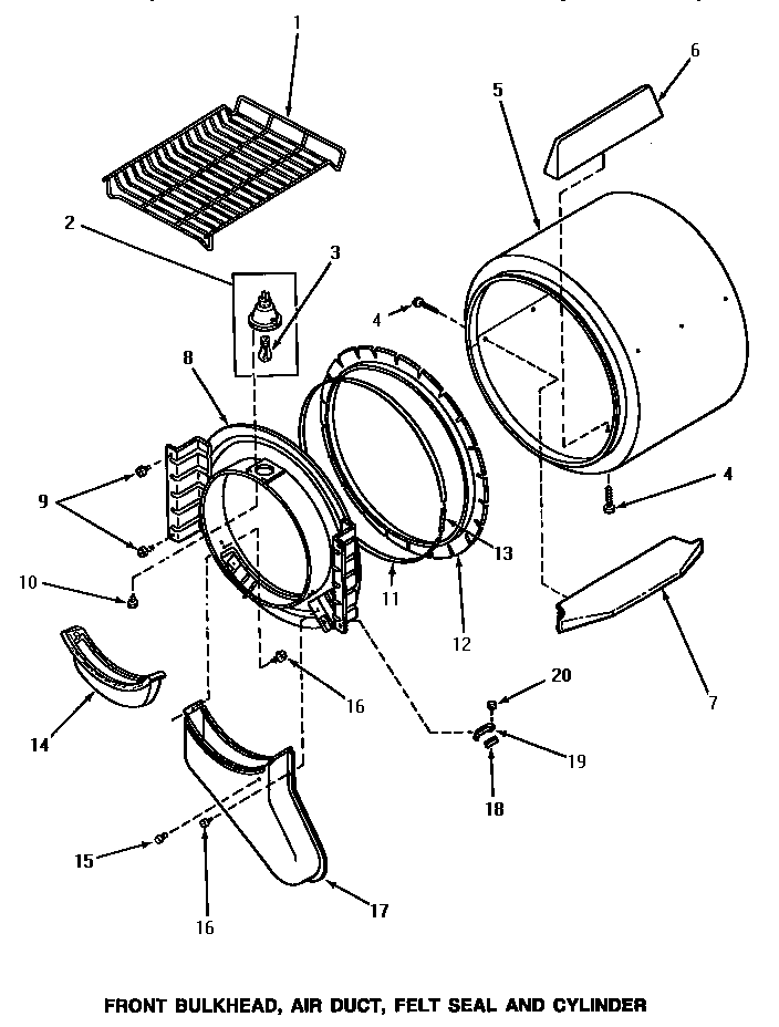 Speed Queen AE3213 front bulkhead, air duct, felt seal & cylinder diagram