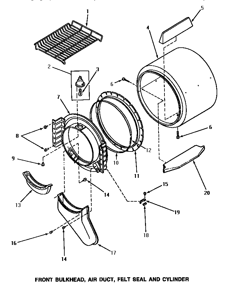 Speed Queen NG6339 front bulkhead, air duct, felt seal & cylinder diagram