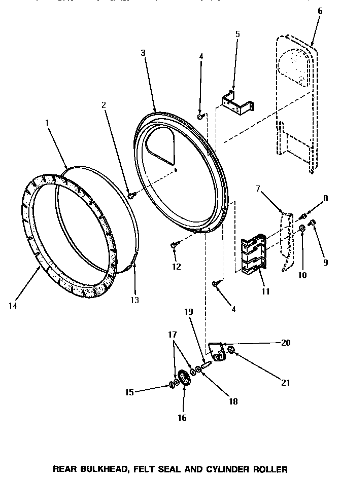 Speed Queen NG6339 rear bulkhead, felt seal & cylinder roller diagram