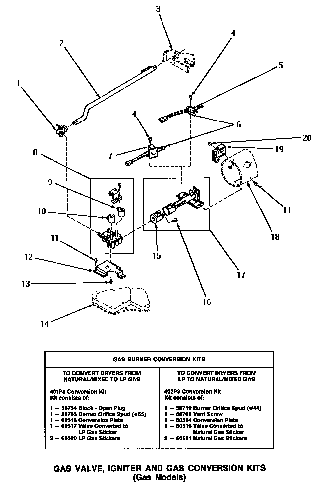 Speed Queen NG6339 gas valve, igniter & gas conversion kits diagram