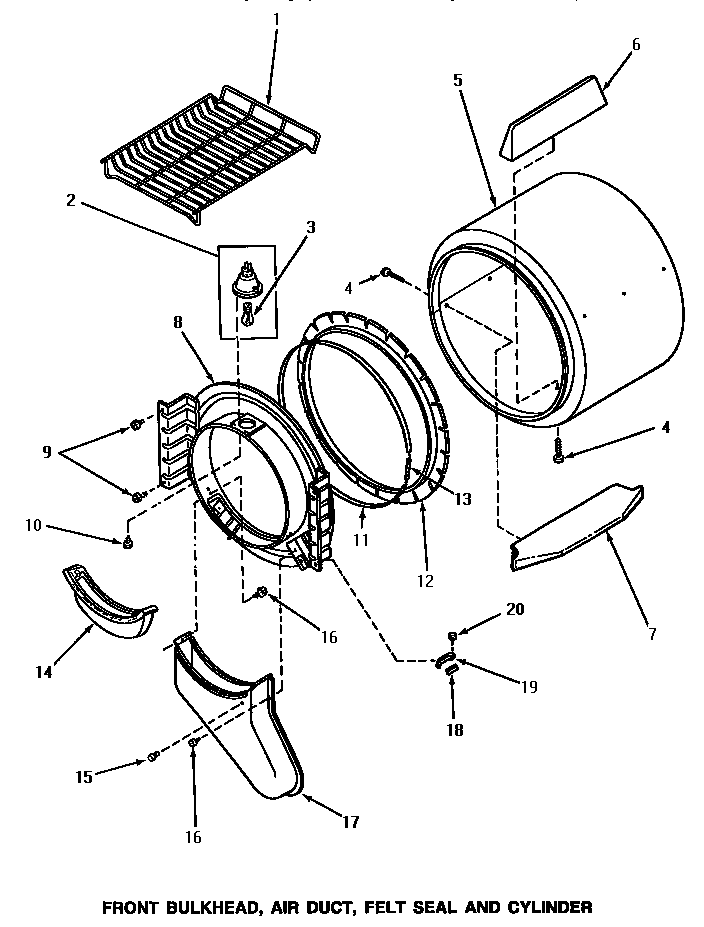 Speed Queen NE8333 front bulkhead, air duct, felt seal & cylinder diagram