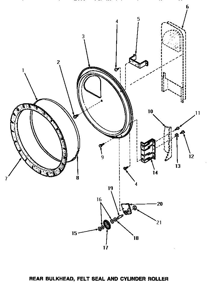 Speed Queen NE8333 rear bulkhead, felt seal & cylinder roller diagram