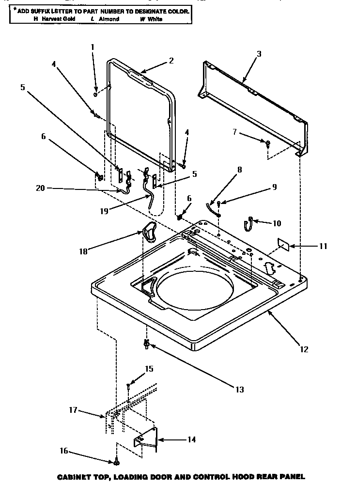 Speed Queen AWM592 cabinet top, loading door & control hood rear panel (awm492) (awm493) (awm592) (awm593l) (awm593w) diagram