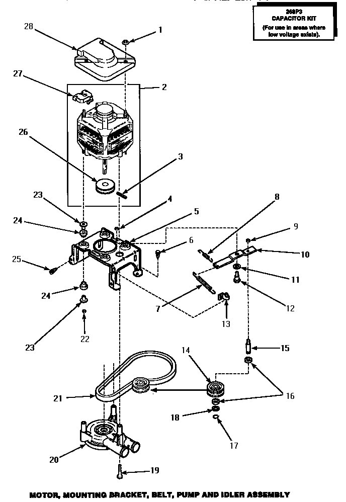 Speed Queen AWM290W motor, mounting bracket, belt, pump & idler assembly (awm290l) (awm290w) diagram
