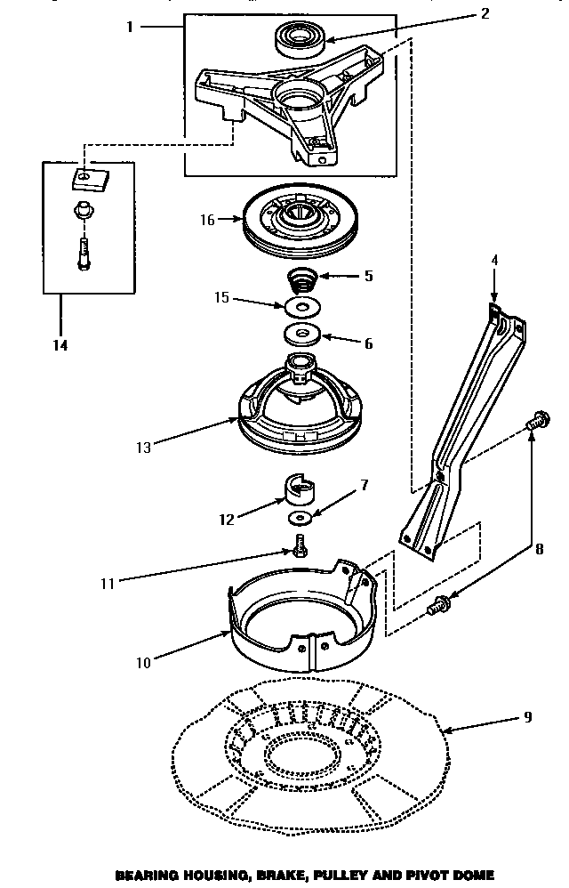 Speed Queen AWM290W bearing housing, brake, pulley & pivot dome (awm290l) (awm290w) diagram