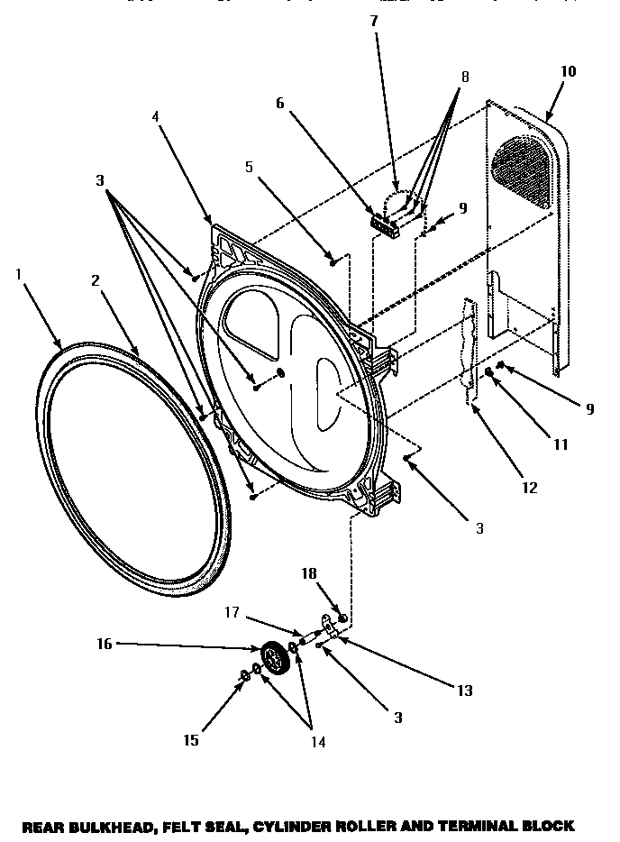 Speed Queen AGM379 rear bulkhead, felt seal, cylinder roller & terminal block (agm379) (agm399) (agm409l) (agm409w) (agm429w) diagram