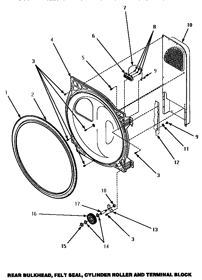 Speed Queen AEM477W rear bulkhead, felt seal, cylinder roller & terminal block (aem477w) (aem497l) (aem497w) diagram