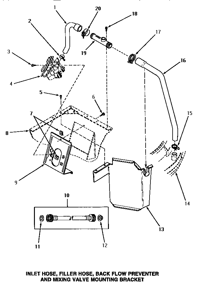 Speed Queen AA9131 inlet hose, filler hose, back flow preventer & valve bracke diagram