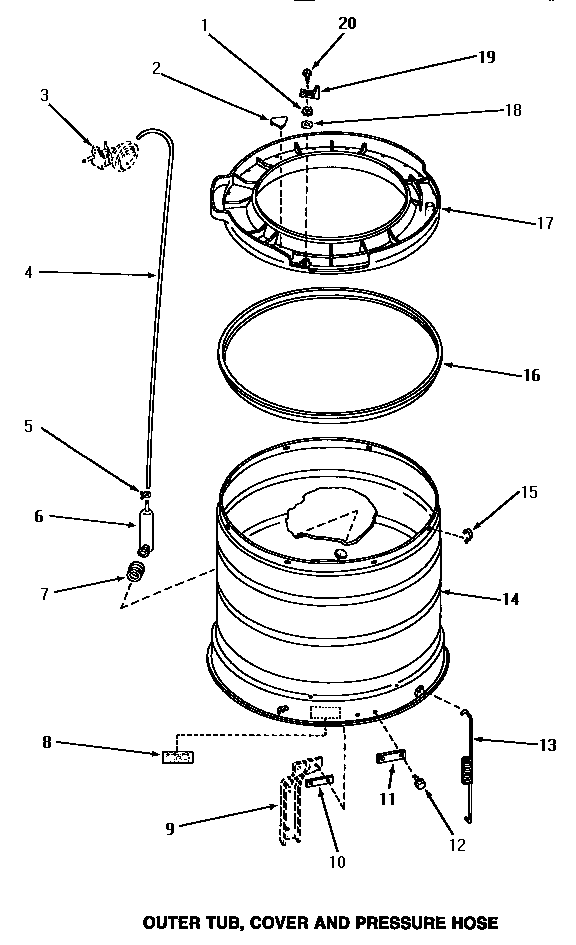 Speed Queen AA9131 outer tub, cover & pressure hose diagram