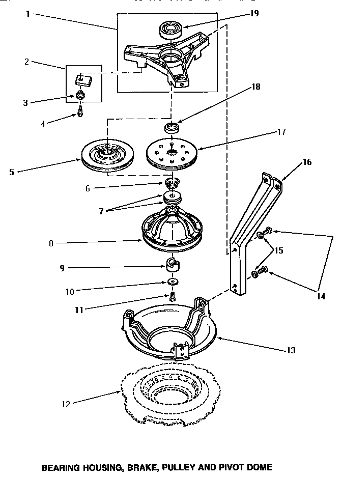 Speed Queen AA9131 bearing housing, brake, pulley & pivot dome diagram
