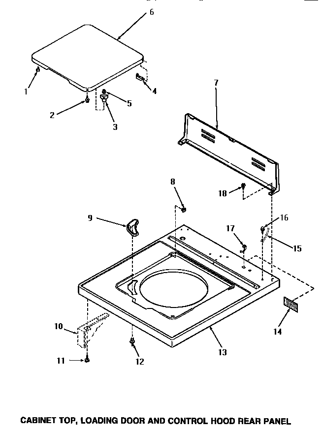 Speed Queen AA6121 cabinet top, loading door & control hood rear panel diagram