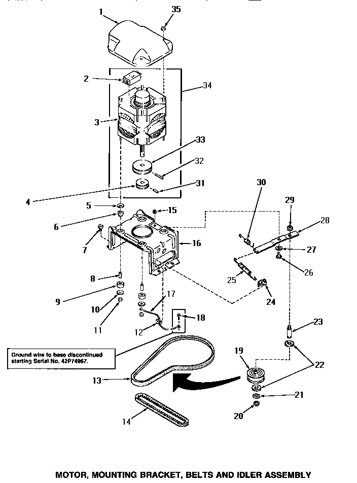 Speed Queen AA4110 motor, mounting bracket, belts & idler assembly diagram