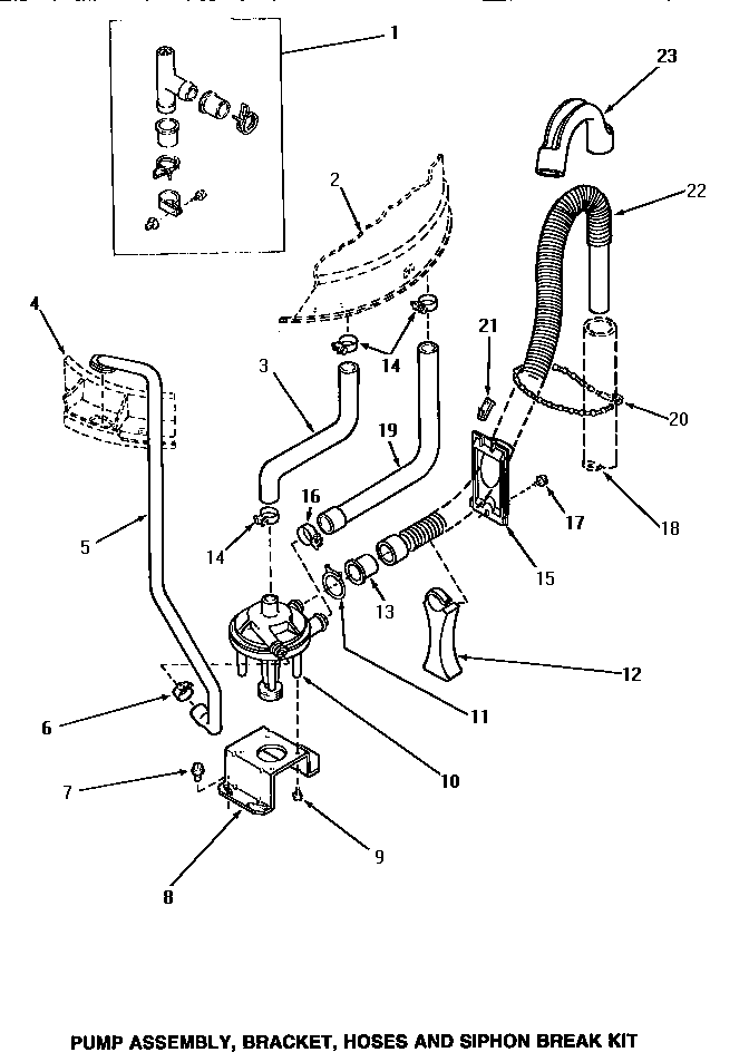 Speed Queen AA5220 pump assembly, bracket, hoses & siphon break kit diagram
