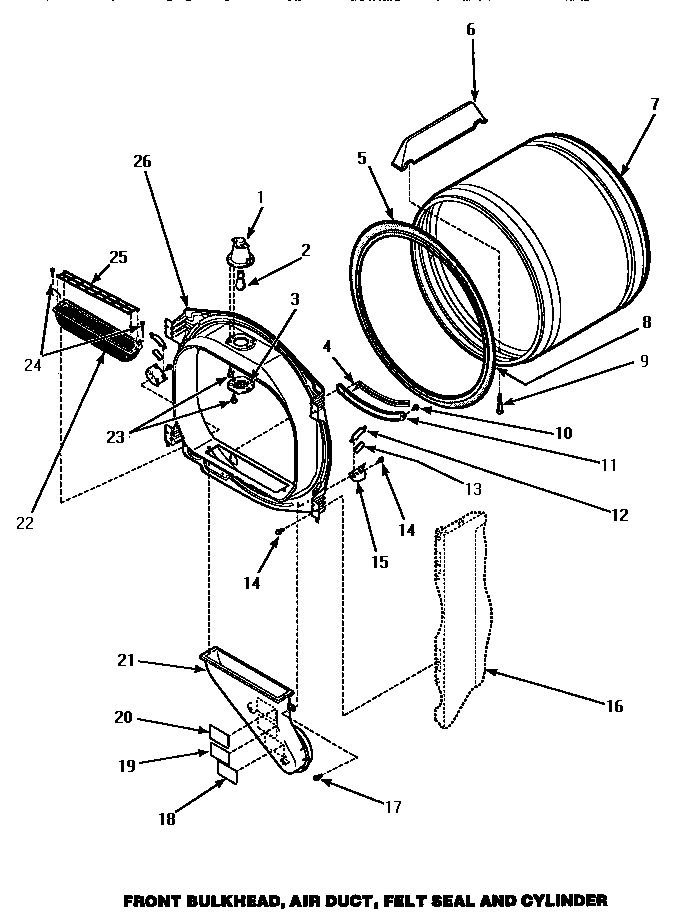 Amana LG1009W/P1177602WW front bulkhead, air duct, felt seal & cylinder diagram