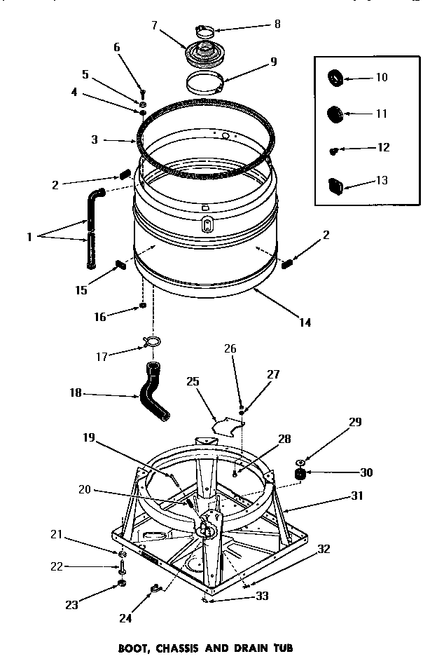 Speed Queen DA6223 boot, chassis & drain tub diagram