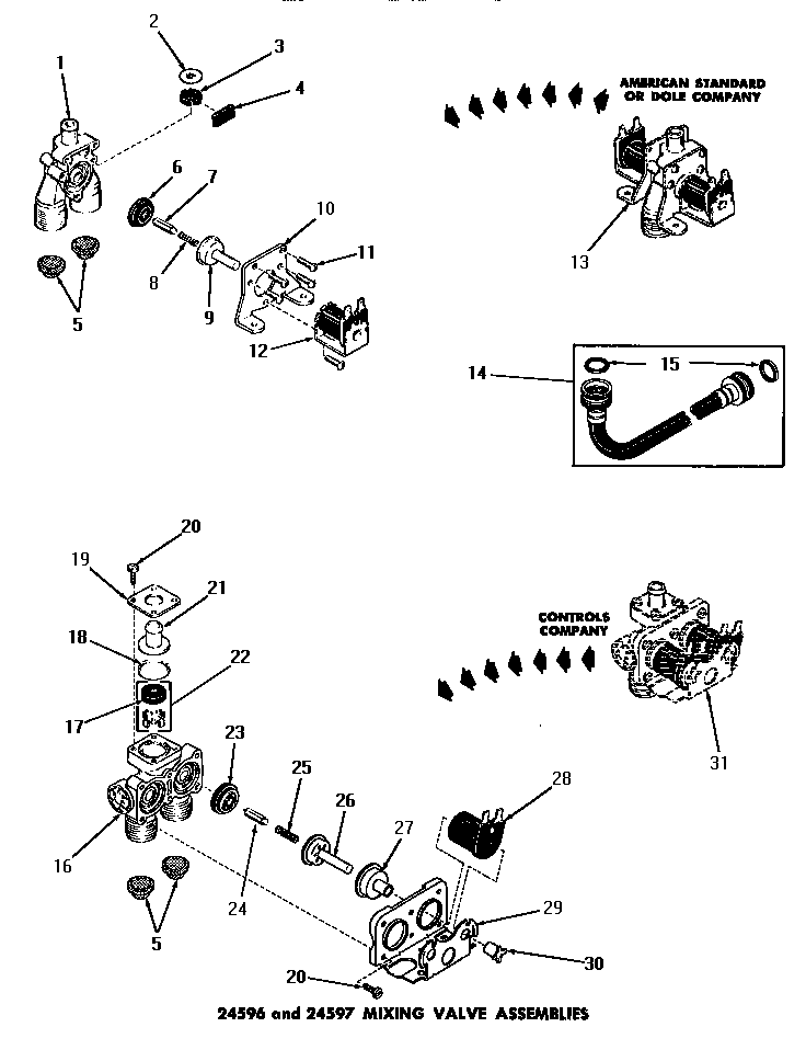 Speed Queen DA6073 24596 & 24597 mixing valve assemblies diagram