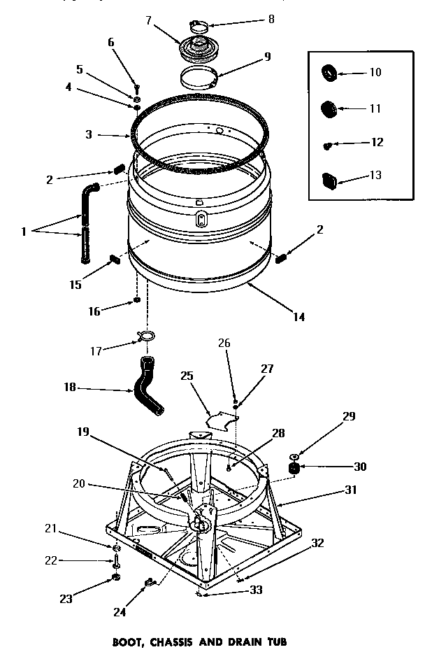 Speed Queen DA6073 boot, chassis & drain tub diagram