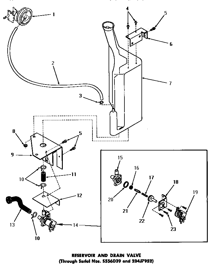 Speed Queen DA6100 reservoir & drain valve (thru serial nos s556d39 & 234j7952 diagram