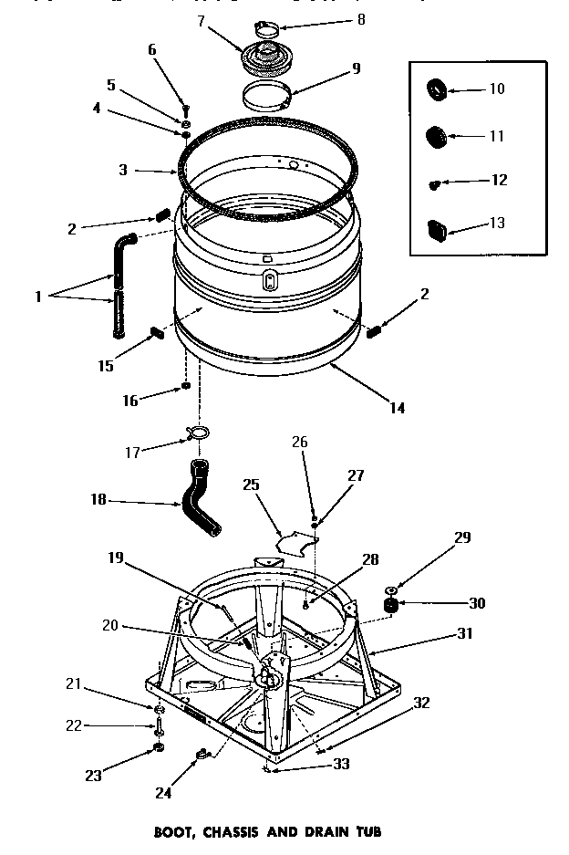 Speed Queen DA6191 boot, chassis & drain tub diagram