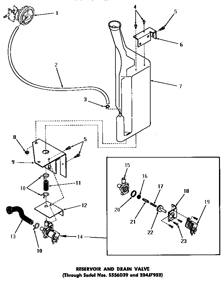 Speed Queen DA6191 reservoir & drain valve (thru serial nos s556d39 & 234j7952 diagram