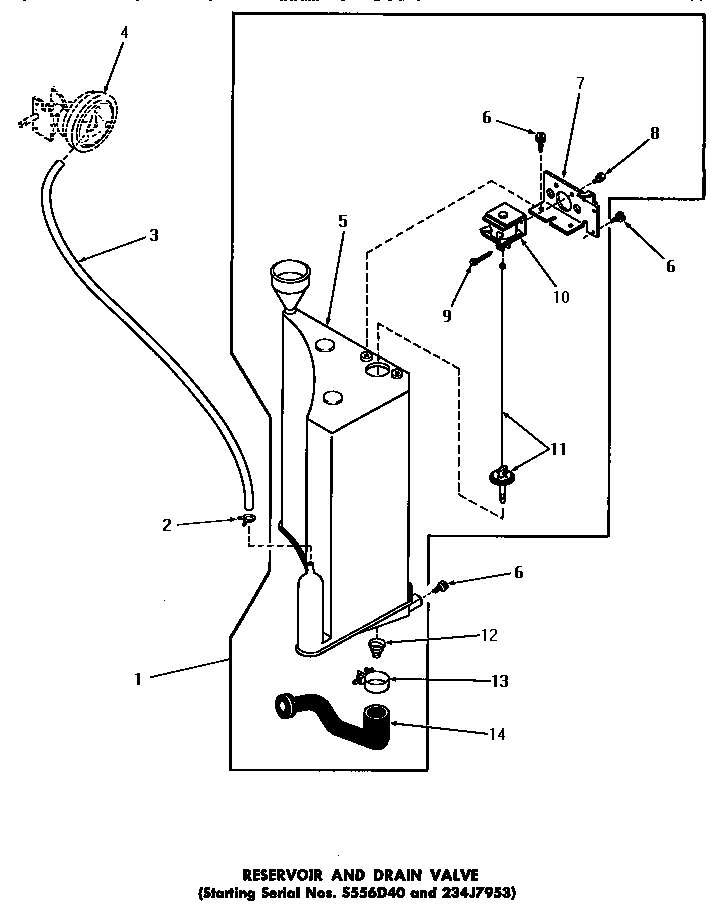 Speed Queen DA3210 reservoir & drain valve (starting nos. s556d40 & 234j7953) diagram