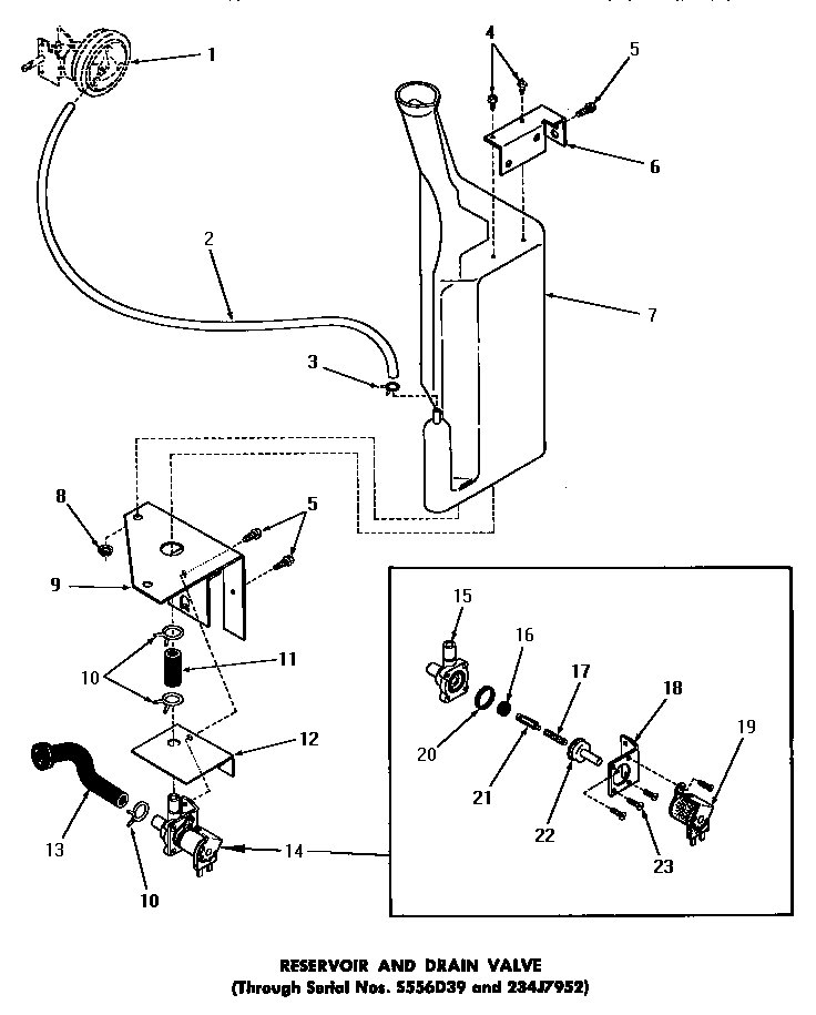 Speed Queen DA3820 reservoir & drain valve (thru serial nos s556d39 & 234j7952 diagram