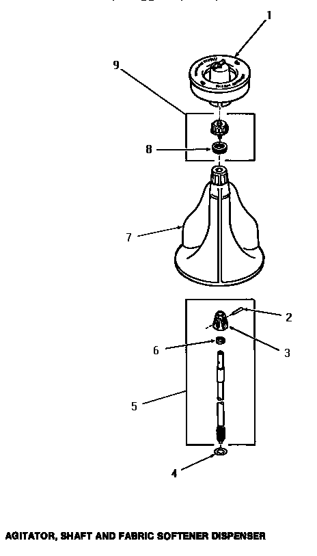 Speed Queen FA0390 agitator, shaft & fabric softener dispenser diagram