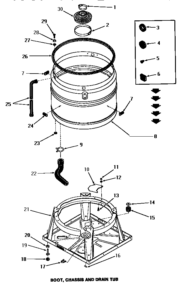 Speed Queen FA0390 boot, chassis & drain tub diagram