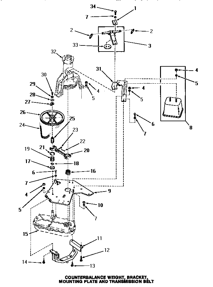 Speed Queen FA0390 counterbalance weight, bracket, mounting plate & trans. bel diagram