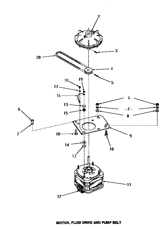 Speed Queen FA2001 motor, fluid drive & pump belt diagram