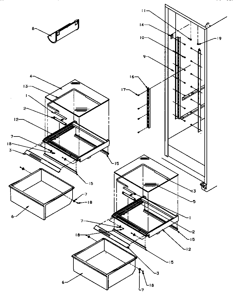 Amana SXD25QA3E-P1181320WE refrigerator shelving and drawers diagram
