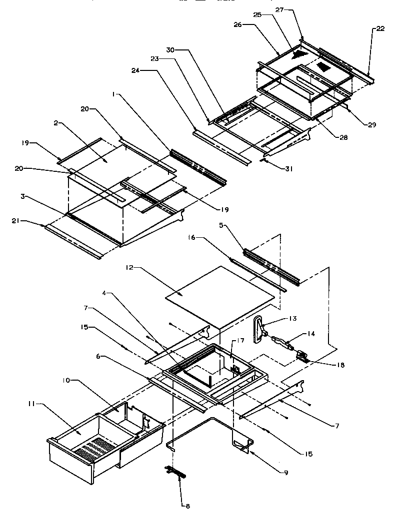 Amana SXD25QA3E-P1181320WE refrigerator shelving and drawers diagram
