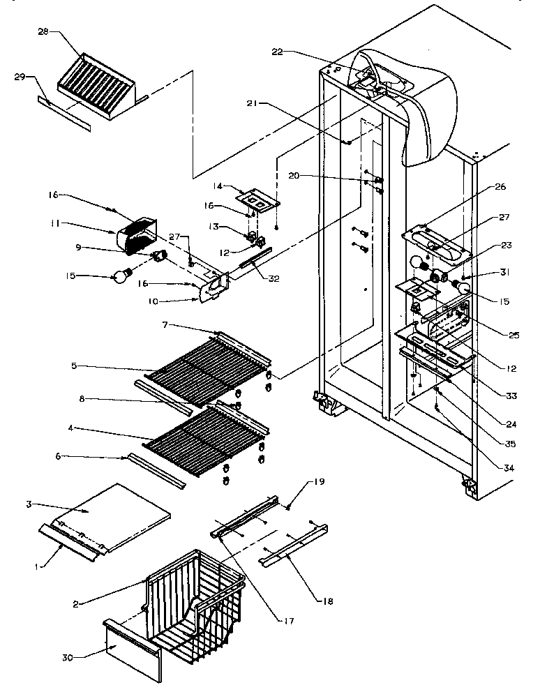 Amana SSD25N2W-P1181322WW freezer shelving and refrigerator light diagram
