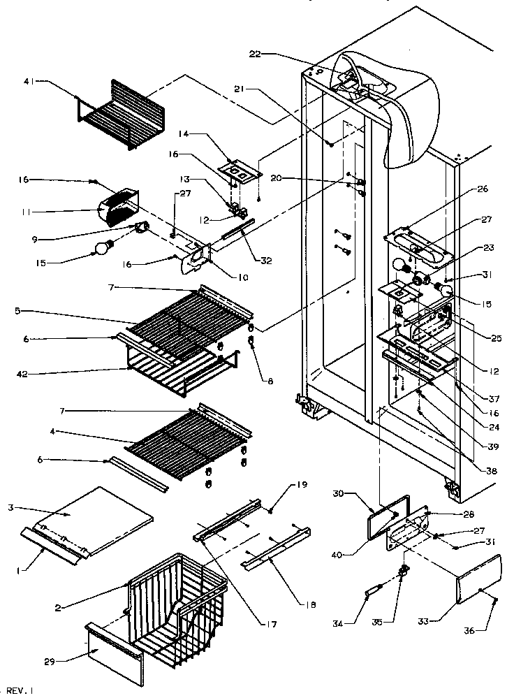 Amana SPD25AW-P1162435WW freezer shelving and refrigerator light diagram