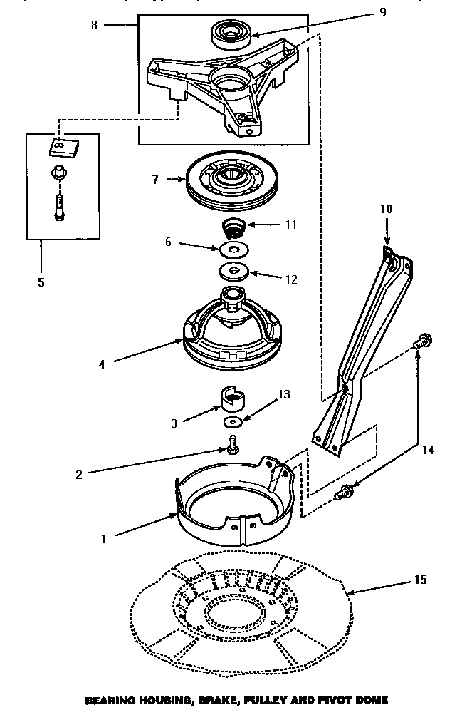 Amana CW3502W/P1163207WW bearing housing, brake, pulley & pivot dome (cw3502l/p1163208wl) (cw3502w/p1163207ww) (cw4202l/pcw4202l) (cw4202w/pcw4202w) (lw3502l/p1163202wl) (lw3502w/p1163201ww) (lw3503l/p1163204wl) (lw3503w/p1163203ww) (lw4202l/p1163211wl) (lw4202w/p1163210ww) diagram