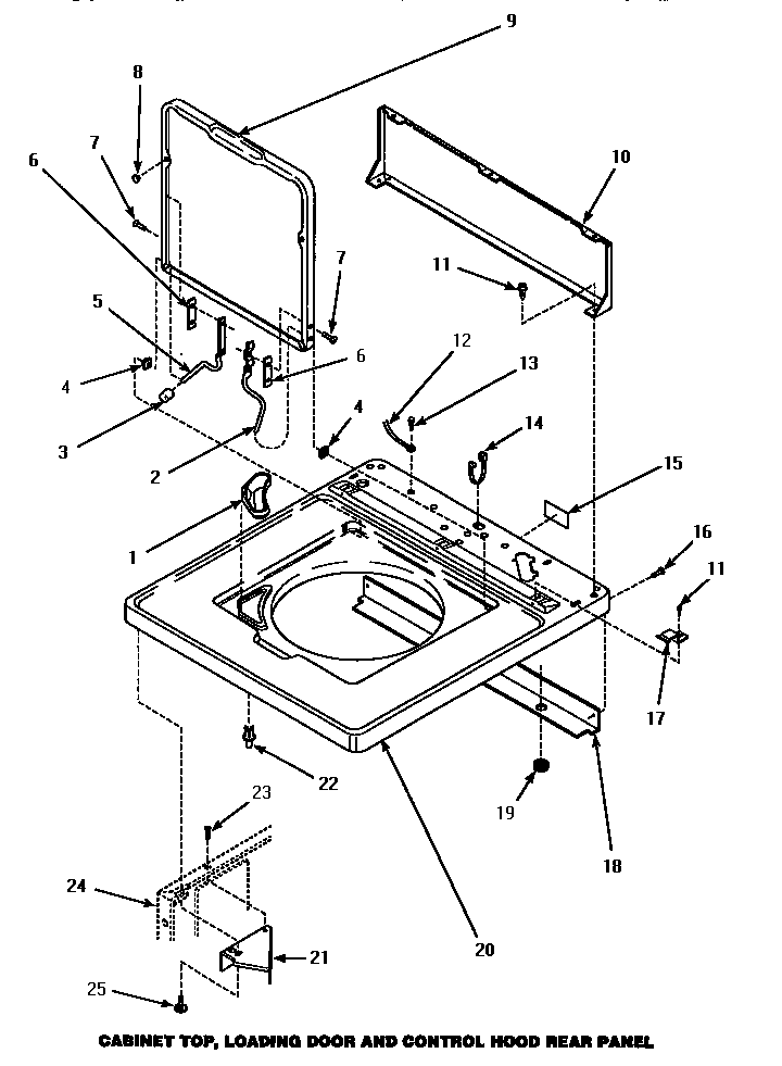 Amana LWM433W/P1176501WW cabinet top, loading door & control hood rear panel diagram